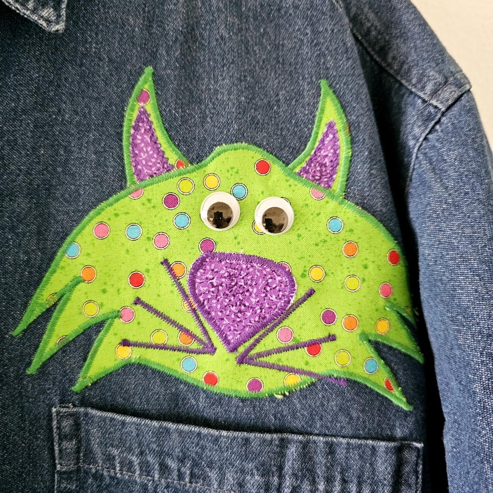 Vintage Haiks crazy cats denim blouse size L embroidered embellished - Picture 3 of 16